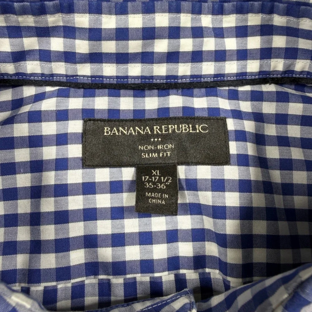 Banana Republic Mens XL Blue White Gingham Non-Iron Slim Fit Button Down Shirt